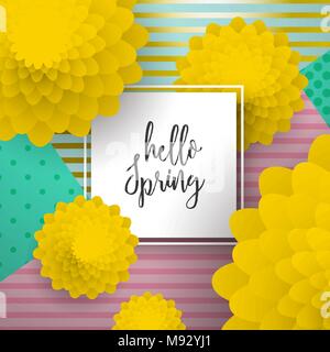 Hello Spring greeting card illustration for seasonal celebration. 3d paper art flowers on colorful background with typography quote frame. EPS10 vecto Stock Vector