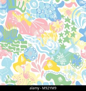 Seamless texture with animals, water splash, floral sketches and sea ornaments in pastel colors on white background Stock Vector