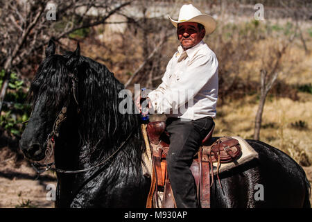 Vaquero montando su caballo, mientras ingiere una  Cerveza tecate. Imagen tipa en Imuris y la Sierra de Sonora Mexico. Stock Photo