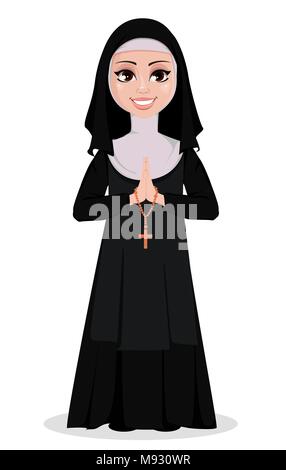 Nun cartoon character. Smiling catholic sister with praying hands and catholic rosary. Vector illustration on white background. Stock Vector