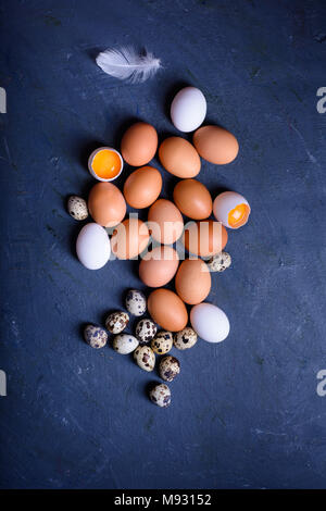 Chicken and quail eggs on a wooden table styled with feathers and eggshells. top view Stock Photo