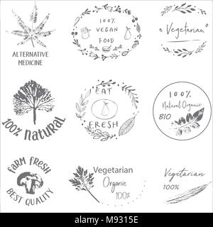 Hand drawn labels and elements collection for organic food and drink.Elements collection for food market labels, ecommerce, organic products promotion, premium quality food and healthy life. Stock Vector