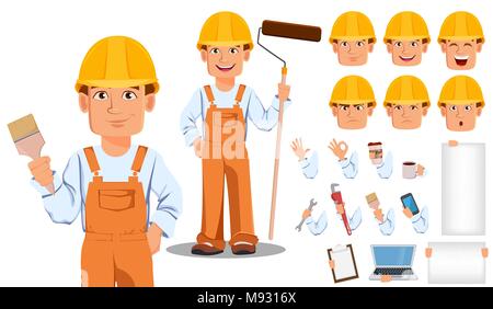 Handsome builder in uniform cartoon character creation set. Professional construction worker. Build your personal design - stock vector Stock Vector