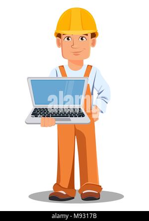 Handsome builder in uniform, cartoon character. Professional construction worker. Smiling repairman holds laptop. Vector illustration on white backgro Stock Vector