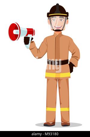 Firefighter in professional uniform and safe helmet. Fireman cartoon character holds loudspeaker. Vector illustration on white background. Stock Vector
