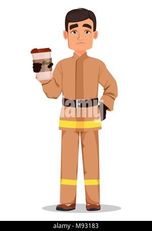 Firefighter in professional uniform. Tired fireman cartoon character holds coffee. Vector illustration on white background. Stock Vector