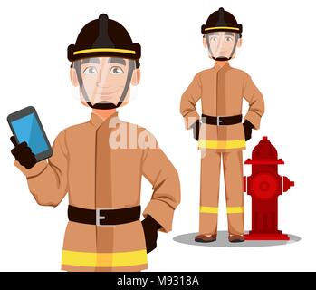 Firefighter in professional uniform and safe helmet. Fireman cartoon character stands near hydrant and holds smartphone. Vector illustration on white  Stock Vector