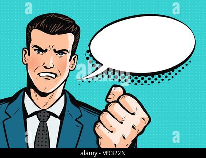 Aggressive businessman or man in business suit threatens with fist. Pop art retro comic style. Cartoon vector illustration Stock Vector