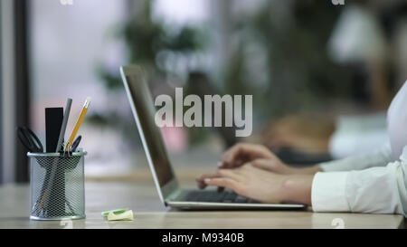 Self-confident successful young lady working on project, using laptop at office Stock Photo