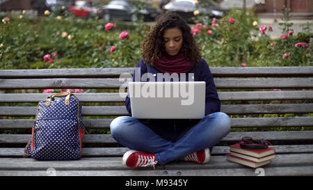 Young female student sitting on bench with laptop outdoors concentrated on study Stock Photo