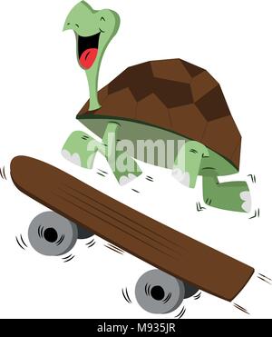 Happy smiling turtle running with a skateboard for speed concept - Vector illustration isolated on white background Stock Vector