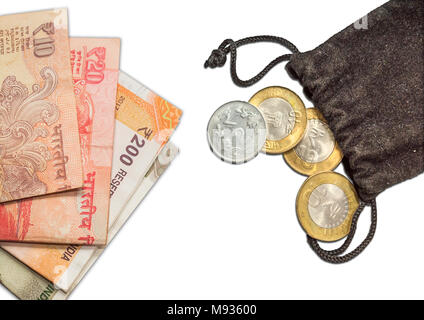 Indian Currency 10 rupee Coins in Bag with New 200.500 and 20,10 Currencies Stock Photo