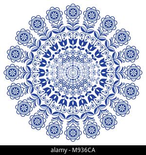 Scandinavian folk art vector mandala with flowers, floral round ornament, Nordic design with flowers in circle, ethnic composition Stock Vector