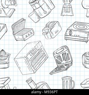 Household appliances for the kitchen, cafe and restaurant. Vector illustration of seamless pattern in hand-drawn graphics. Meat grinder, juicer, oven, Stock Vector
