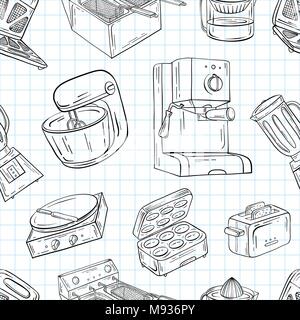 Household appliances for the kitchen, cafe and restaurant. Vector illustration of seamless pattern in hand-drawn graphics. Meat grinder, juicer, oven, Stock Vector