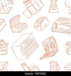 Household appliances for the kitchen, cafe and restaurant. Vector illustration of seamless pattern in hand-drawn graphics. Meat grinder, juicer, oven, Stock Vector