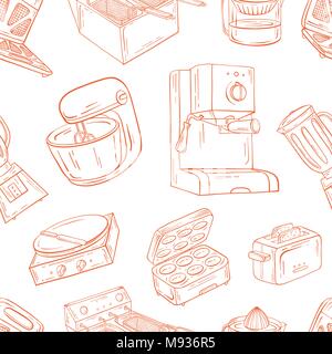 Household appliances for the kitchen, cafe and restaurant. Vector illustration of seamless pattern in hand-drawn graphics. Meat grinder, juicer, oven, Stock Vector