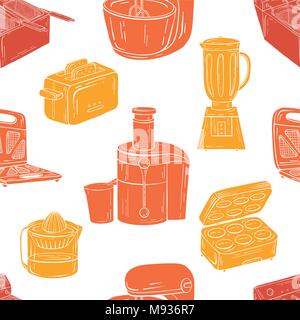 Household appliances for the kitchen, cafe and restaurant. Vector illustration of seamless pattern in hand-drawn graphics. Meat grinder, juicer, oven, Stock Vector