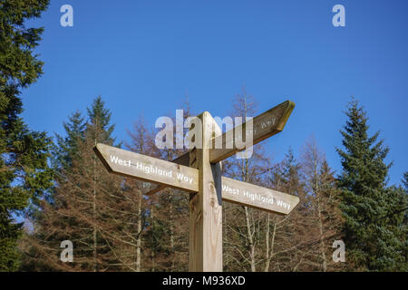 footpath sign - intersection of the West Highland Way and Rob Roy Way near Drymen, Scotland, UK Stock Photo