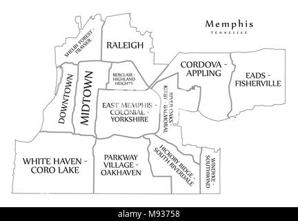 Modern City Map - Memphis Tennessee city of the USA with neighborhoods and titles outline map Stock Vector