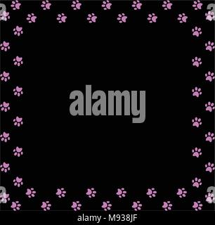 Square frame made of pink animal paw prints on black background. Vector illustration, template, border, framework, photo frame, poster, banner, cats o Stock Vector