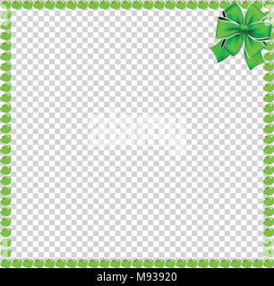 Green apples square photo frame or bordering with festive bow ribbon in corner isolated on transparent. Vector template, poster, banner, framework wit Stock Vector