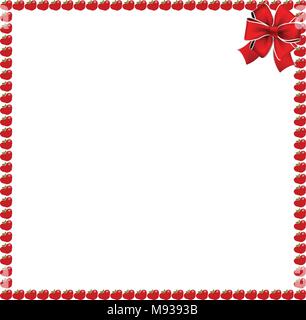 Red apples square photo frame or bordering with festive bow ribbon in corner isolated on white background. Vector template, poster, banner, framework  Stock Vector