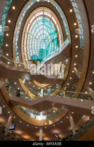 Staircases and balconies inside the modern atrium of the Central Library extension.  St. George's Quarter, Liverpool, England, UK Stock Photo