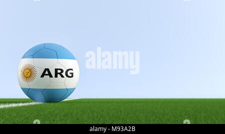 Soccer ball in argentinas national colors on a soccer field. Copy space on the right side - 3D Rendering Stock Photo