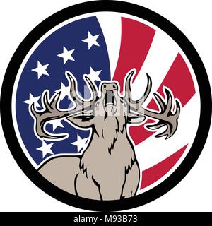 Icon retro style illustration of a North American deer roaring front view with United States of America USA star spangled banner or stars and stripes  Stock Vector