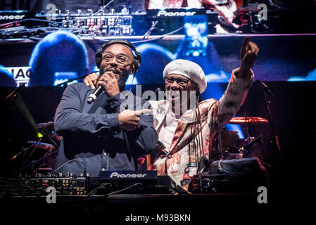 Nile Rodgers (right) joins Mistajam on stage at the Royal Albert Hall, London, during the third night of the Teenage Cancer Trust's annual concert series. Picture date: Wednesday 21st March 2018. Photo credit should read: PA /PA Wire /PAImages Stock Photo