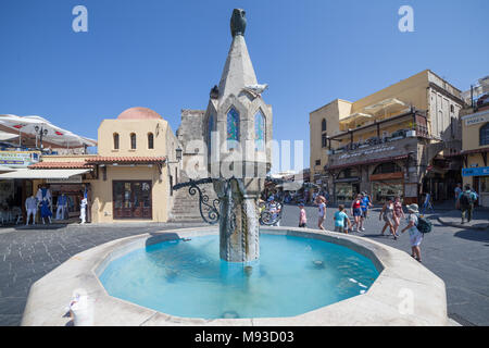 Hippocrates Square with the fountain in the fortress of Rhodes, Greece, 11 August, 2017 Stock Photo
