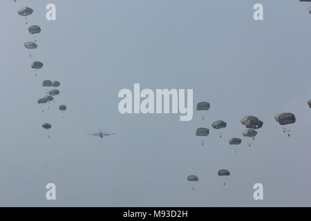 Paratroopers jumping from a C-130 Hercules aircraft over the Ginkel Heide, during the Garden Market Memorial. Stock Photo