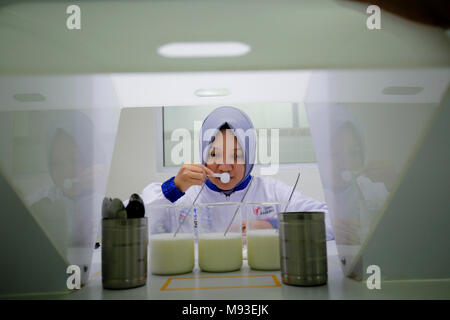 Klaten, Indonesia. 20th Mar, 2018. A worker inspects milk in Sensory room at milk processing plant owned by PT Sarihusada Generasi Mahardhika, a subsidiary of Danone Group at Kemudo, Klaten, Indonesia. It is one of the biggest Danone factory in Asia that produce growing up formula milk for children, with production capacity up to 100.000 tons per years. Credit: Dadang Trimulyanto/Pacific Press/Alamy Live News Stock Photo