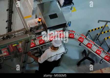 Klaten, Indonesia. 20th Mar, 2018. Workers inspect finished products at milk processing plant owned by PT Sarihusada Generasi Mahardhika, a subsidiary of Danone Group at Kemudo, Klaten, Indonesia. It is one of the biggest children milk processing factory owned by Danone in Asia, with production capacity up to 100.000 tons per years. Credit: Dadang Trimulyanto/Pacific Press/Alamy Live News Stock Photo