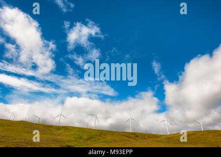 Windturbines stand tall and stark against the high desert landscape of rolling hills in the Columbia River Gorge Stock Photo