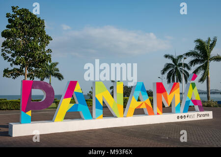 Panama City, Panama - March 2018: The Panama sign on the Cinta Costera Way, a popular photographic landmark for tourists in Panama City. Stock Photo