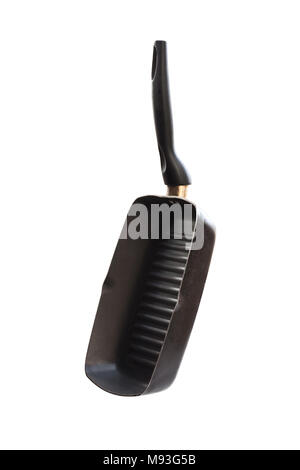 Hanging  used frying grill pan isolated on white Stock Photo