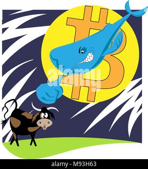 whale against the background of the bitcoin-moon attacks the bull crypto currency illustration Stock Vector