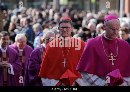 The Archbishop of Cologne Cardinal Rainer Maria Woelki (in red) walks among the bishops in the funeral procession of Cardinal Karl Lehmann. The funeral of Cardinal Karl Lehmann was held in the Mainz Cathedral, following a funeral procession from the Augustiner church were he was lying in repose. German President Frank-Walter Steinmeier attended the funeral as representative of the German state. Cardinal Karl Lehmann was the bishop of the Roman Catholic Diocese of Mainz for 33 years until his retirement in 2016. He was also the chairman of the Episcopal Conference of Germany for 21 years until Stock Photo