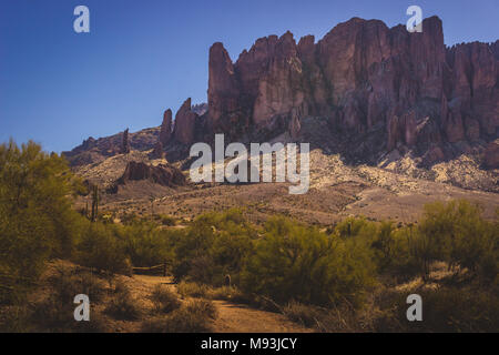 Scenic view of Superstition Mountains in Lost Dutchman State Park, Arizona from Treasure Loop Trail Stock Photo