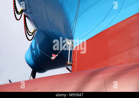 Newly built vessel during launching of the shipyard in Japan Stock Photo