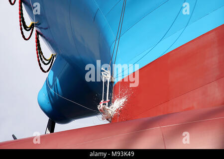 Newly built vessel during launching of the shipyard in Japan Stock Photo