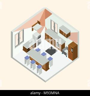 Kitchen Natural Wood Isometric Home Interior Vector Illustration Graphic Design Stock Vector