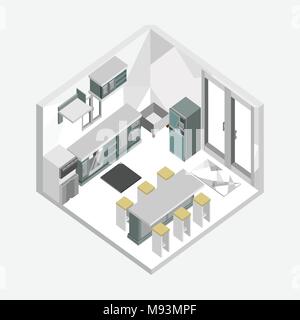 Grey Color Kitchen Isometric Home Interior Vector Illustration Graphic Design Stock Vector