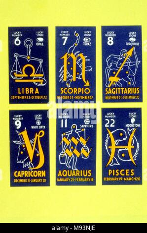 Zodiac signs - six sigils and zodiacal images, from Libra to Pisces.  Cigarette cards issued by Lewis Medium Navy Cut Cigarettes, in the series called Horoscopes. Stock Photo