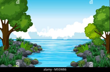 Nature scene with many trees and river illustration Stock Vector Image ...