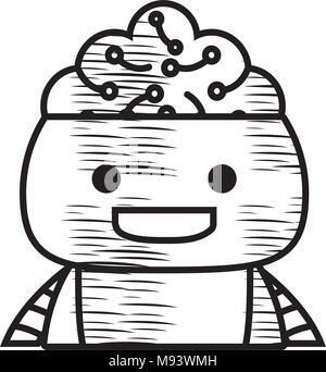 sketch of Cartoon robot showing the brain over white background, vector illustration Stock Vector