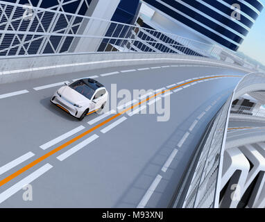 White electric SUV driving on the highway. 3D rendering image. Stock Photo