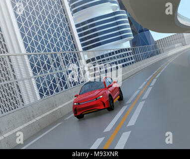 Metallic red autonomous electric SUV driving on the highway. 3D rendering image. Stock Photo